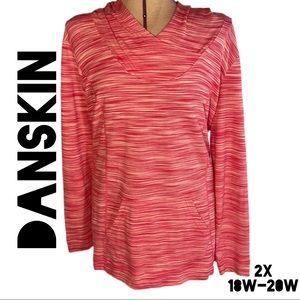 2X Danskin Coral Pink Red Space Dye Stripe Activewear Top Hoodie Sweatshirt